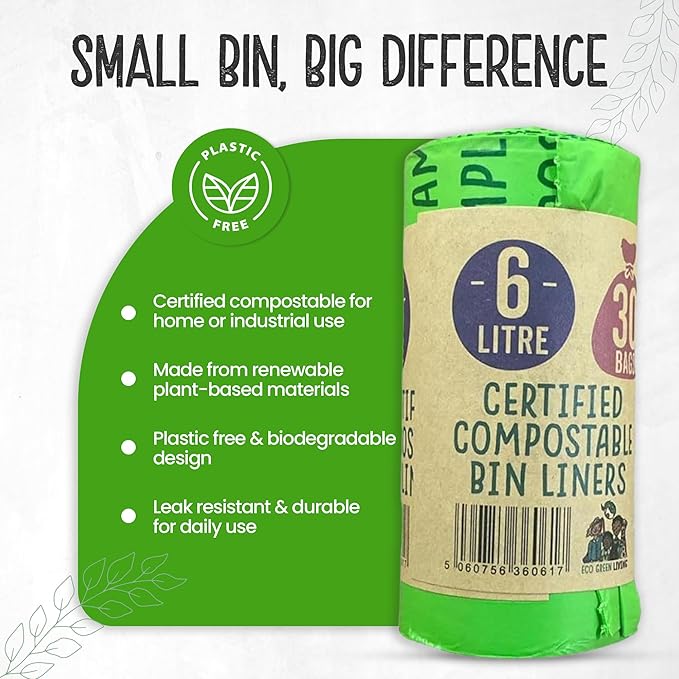Eco Green Living 6 Litre Compostable Bin Liners – Plastic Free & Recyclable Caddy Bags for Food Waste, Leak Resistant Small Bin Liners, 36 x 66 cm - Quad Pack (120 Bags)