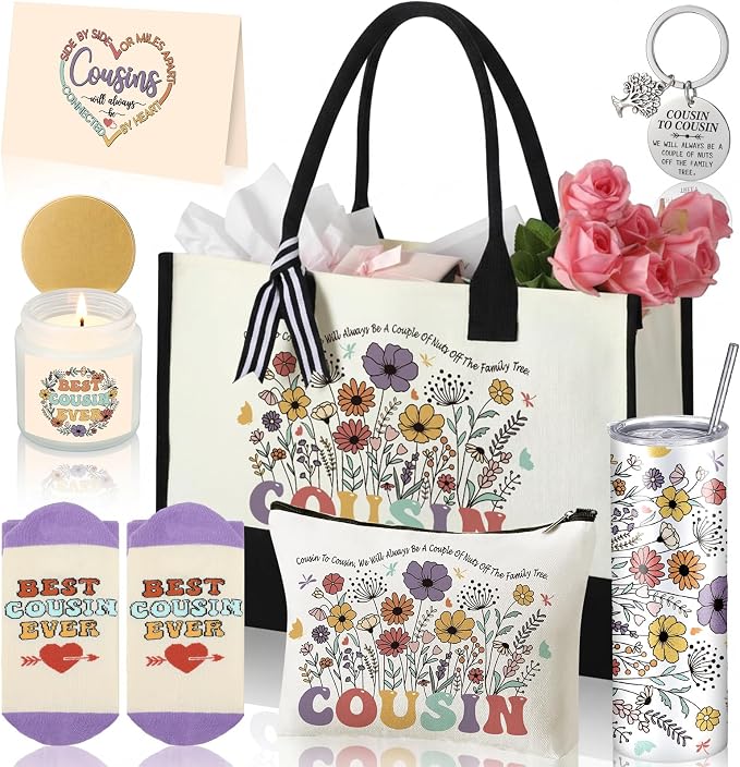 Patelai 7 Pcs Cousin Gifts for Women, Thank You Gift for Cousin with 20oz Tumbler Tote Bag Candle Socks Makeup Pouch Keychain Card for Wedding Birthday Family Appreciation