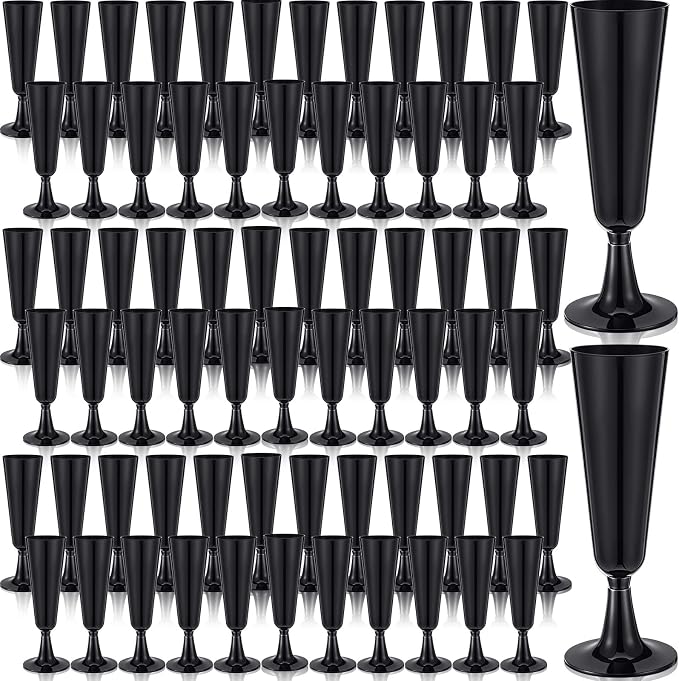 Domensi 100 Pack Black Champagne Flutes Bulk Plastic Disposable Champagne Glasses 5.5 oz Plastic Mimosa Glasses Wedding Cocktail Cups for Engagement Birthday Graduation Decor 2026 Party Supplies