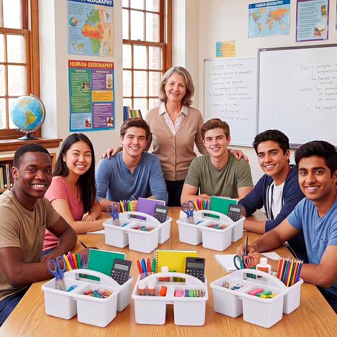 Geelin 24 Pack Classroom Caddy Bulk, Plastic Storage Caddy with Handle and 3 Compartments, Stackable Art Supply Caddies Organizer(White)
