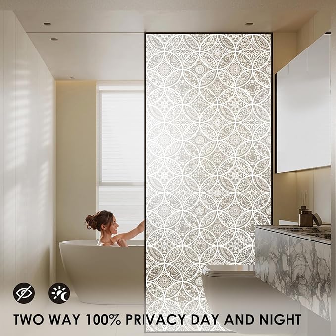 DKTIE Bohemian Decor Stained Glass Window Film with Installation Tools, Two-Way Window Privacy Film, Reduce Glare, Pure White, 35.4 x 118.1 Inch