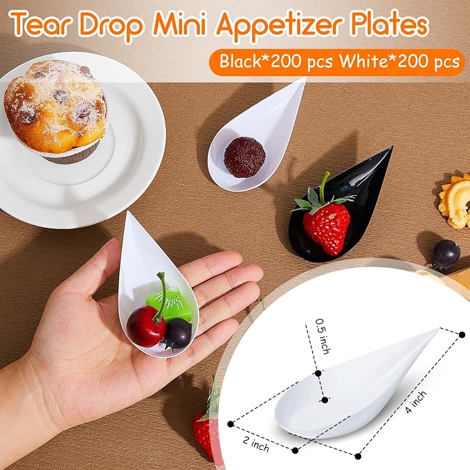 Tessco for you 400 Pcs 4'' Tear Drop Mini Appetizer Plates, Reusable Plastic Spoons - Desserts and Appetizers Dishes Serving Plate, Small Catering Dessert Tasting Cups for Party Wedding(Black, White)