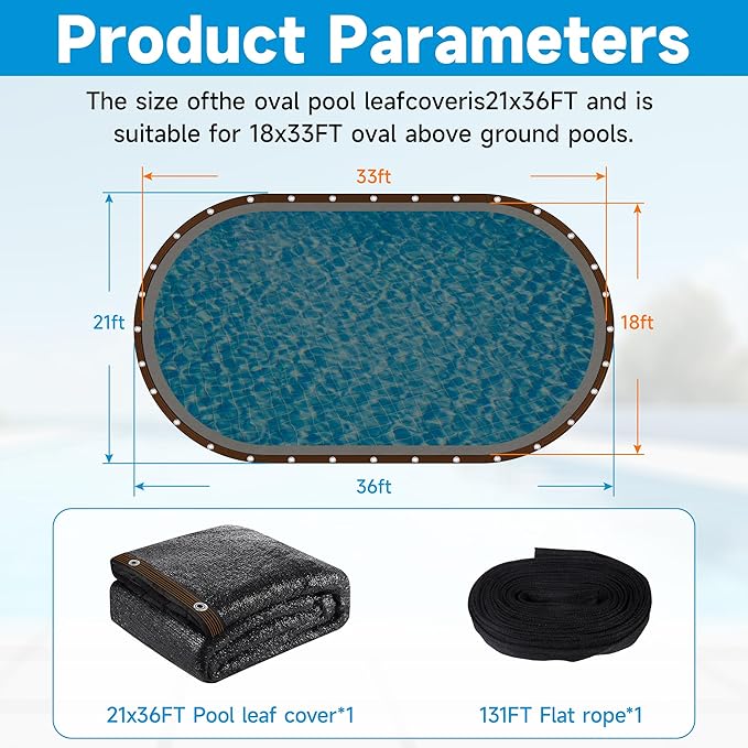 Pool Leaf Net Cover 15x30 Oval Above Ground, Black Mesh Swimming Pool Net Cover with Winch & Cable, Heavy-Duty Tear Resistant UV-Protected Weatherproof (Black, Oval-15FTX30FT)