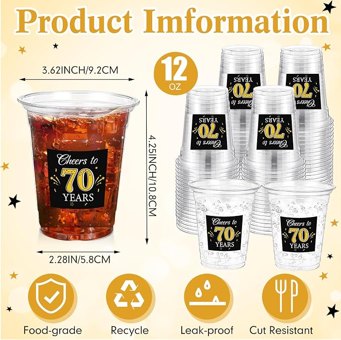 Funnymoom 100 Pack 70th Birthday Cup 12 oz Cheers to 70 Years Happy Birthday Disposable Clear Plastic Cups for Him Men Women Wedding Anniversary Decorations Party Favors