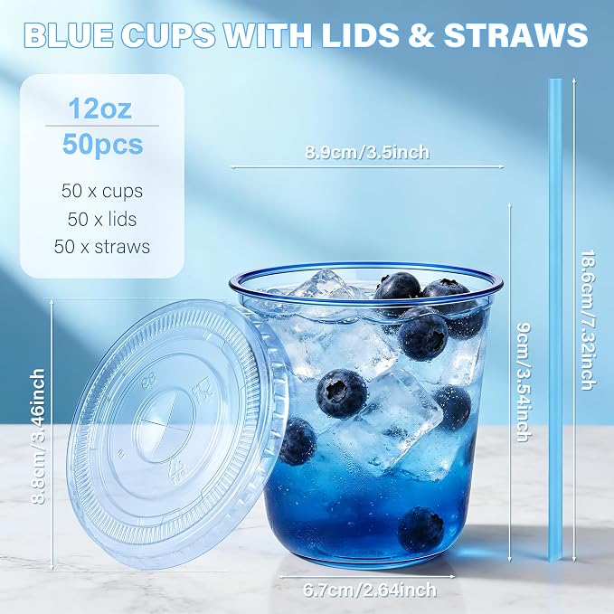 KesaPlan 50 Pack 12 oz Blue Plastic Party Cups with Lids & Straws, Disposable Iced Coffee Cup with Lids, Round Bottom Drinking Cups for Cocktail Cold Beverages Birthday Wedding Picnics Party Supplies