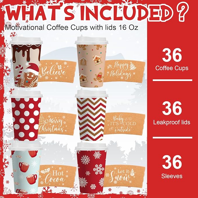 36 Sets/ 108 Pcs Christmas Paper Cups 16 oz Disposable to Go Coffee Cups with Lids and Sleeves Xmas Hot Cocoa Coffee Mug for Cold Drinks Hot Chocolate Holiday Christmas Party Supplies