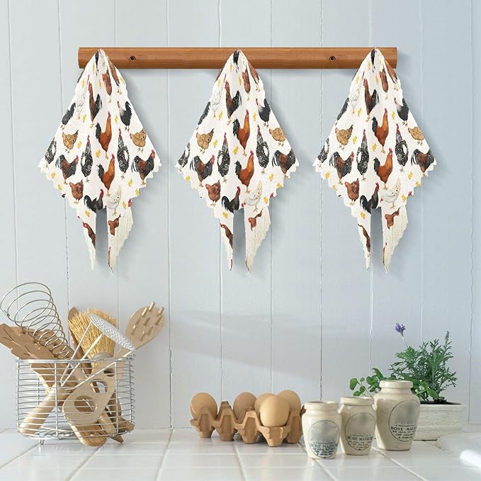JIPONI 6 Pack Kitchen Dishcloth, Cute Chicken Rooster Pattern Absorbent Dish Towels Reusable Soft Cleaning Cloths 11 x 11 inch
