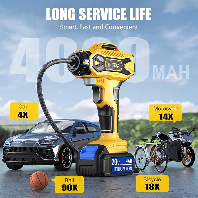 DIYtoolifz 2X Faster Cordless Tire Inflator Air Compressor 20V Rechargeable Battery Powered 160PSI Portable Air Pump with Digital Pressure Gauge, Auto Shutoff & LED Light for Cars SUV Motorcycles