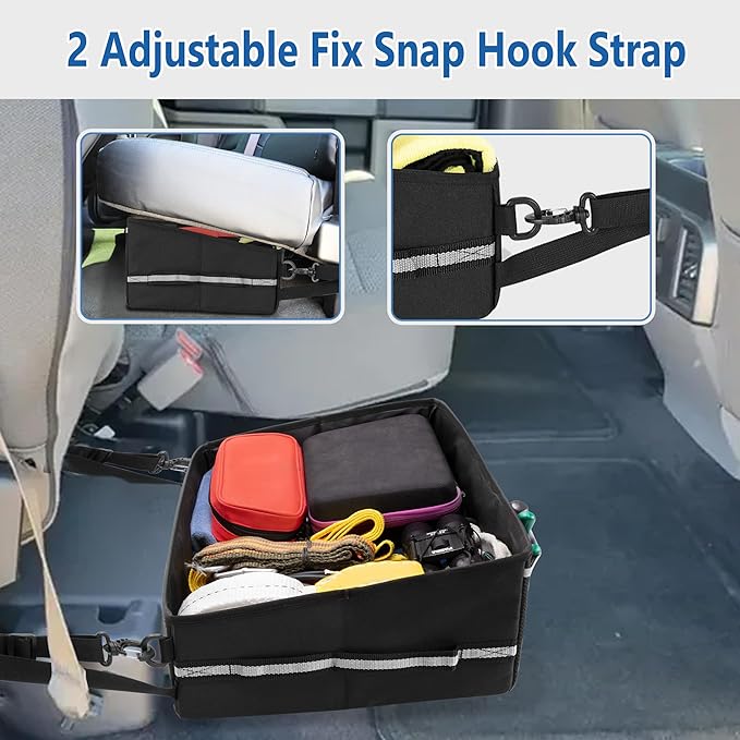 GRAOSO Under Seat Storage Fit for SuperCrew Cab, Foldable Truck Organizers and Storage Box Under Rear Seat For Single Seat with Removable Bottom Plate, 2 Side Handles and Hook Snap Fix Strap, Black