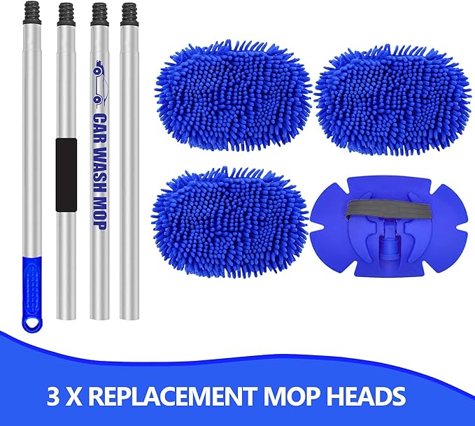 63” Long Handle Car Wash Brush Microfibre Extendable Cleaning Mop Mitt for Caravan Truck Van Tyre Window Wheel Roof 2 in 1 Interior Duster Remover Scratch Free Clean Product 3 Replacement Head
