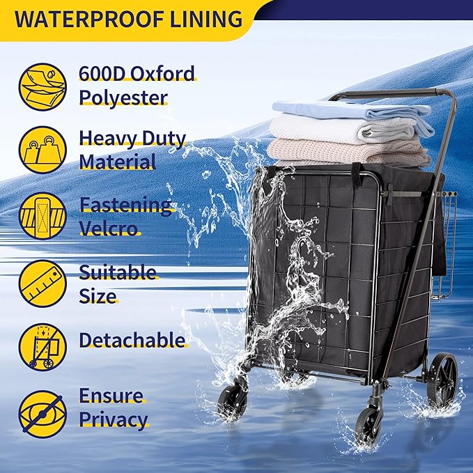 BIEAMA Folding Shopping Cart with Waterproof Liner, Grocery Cart 340 Lb | Utility Cart with Large Bag, Top Cover, 360 Rolling Swivel Wheels, Extra Basket