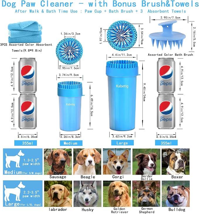Paw Cleaner for Small/Medium Dogs - Grabs Loose Fur with Top Brush | Clean muddy paws fast. Attached top brush grabs loose fur. No extra tools. Comes with bath brush & 3 towels. Less fur. Blue