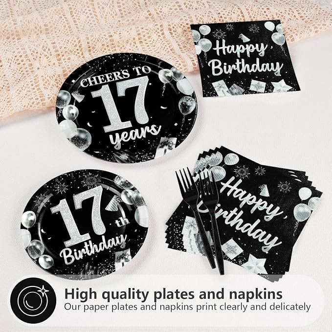 96Pcs 17th Black and Silver Birthday Party Supplies Cheers to 17 Years Plates and Napkins Disposable Happy 17th Birthday Tableware Set for 17 Years Old Graduation Party Serves 24