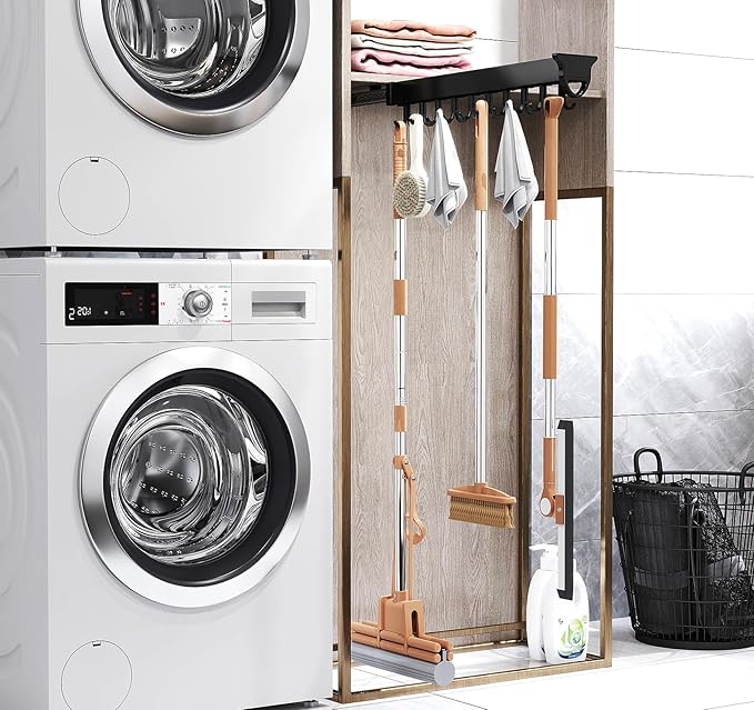 Pull-out Mop and Broom Holder with 20 Sliding Hooks, Slide Broom Closet Organizer Sliding Garage Storage Rack for Home Kitchen Wardrobe Closet Laundry Cupboard