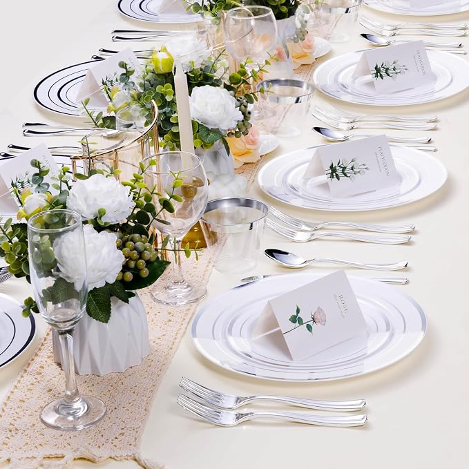 BESTSTAR 100PCS White Plastic Plates for Party, 10.25 Inch Disposable Plates with Silver Rim, Heavy Duty Dinner Plates for Wedding and Birthday