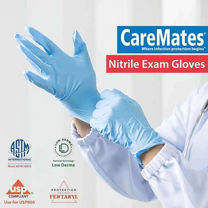 CareMates Nitrile Medical Exam Gloves, Latex Free Rubber, Powder Free, Extra Strong, 4 Mil Thick, Certified for Home Infusion, First Aid, Food Safe, Cleaning Gloves, Medium, 400-Count