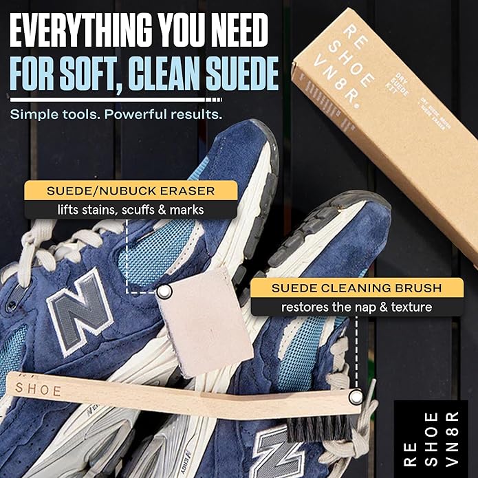 RESHOEVN8R Dry Suede Kit - Sneaker Cleaner & Shoe Care for Light-Colored Nubuck & Suede Shoes - Gently Removes Marks, Spots, & Scuffs - 1 Cleaning Brush & 1 Eraser