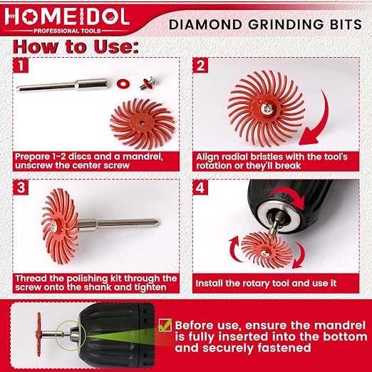 40Pcs Diamond Burr Bits Compatible with Dremel Polishing Kit, HOMEIDOL Diamond Bits for Dremel Tool Accessories, 1" Radial Bristle Disc Kit with 1/8" Shank Engraving Bits for Stone Ceramics Metal