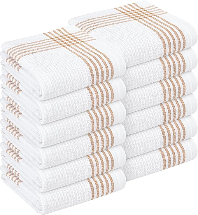 Waffle White & Brown 12 Pack Kitchen Towels Set, 100% Cotton, 16x26 inches, Professional Quality Cleaning Towel for Bar, Home, Restaurant Use, Absorbent Dish Cloths for Drying Dishes