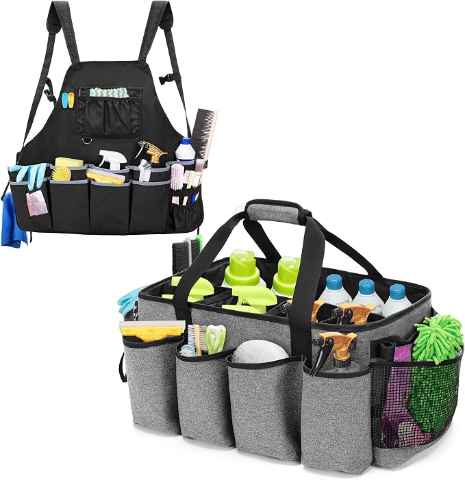 HODRANT Extra-Large Cleaning Caddy & Large Cleaning Apron, Gray Cleaning Supplies Organizer with Handle & House Cleaning Apron with Dual Shoulder Straps For Cleaning Tools Products Storage
