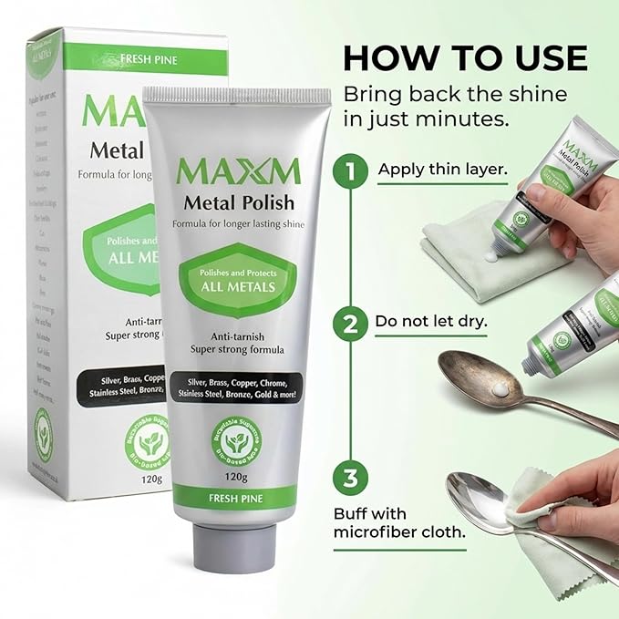 maxm Metal Polish Paste for Stainless Steel Polish, Chrome Polish & Aluminum Polish – Rust Remover for Metal, Stainless Steel Scratch Remover, Polishing Compound Non-Toxic, Fresh Pine Scent, 4.2 oz