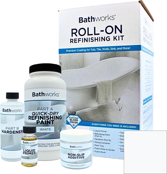 Bathworks Quick-Dry Roll-On Refinishing Kit - 22 fl oz, High Gloss White, Complete DIY System with Tools & Non-Slip Additive - Faster 12-Hour Dry Time for Bathtubs, Tile, Sinks & Showers