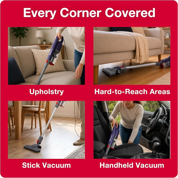 Koblenz Scorpio Stick Vacuum Cleaner, 3-in-1 Cyclonic, Bagless HEPA Filtration, 600W Motor, 59 oz Dust Cup, Corded Stick Vacuum, Lightweight 5 lbs, Pet Hair, Wall Mount, All Surfaces, Blue, SVK-165