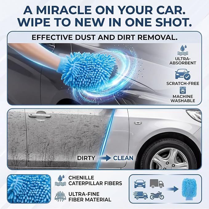 Patelai 30 Pcs Car Wash Mitts Bulk Microfiber Scratch Free Detailing Chenille Car Washing Gloves Hand Double Sided Absorbent Cars Sponge for Washing Cleaning Trucks Boats, 9.45 x 5.9 Inch(Grey,Blue)