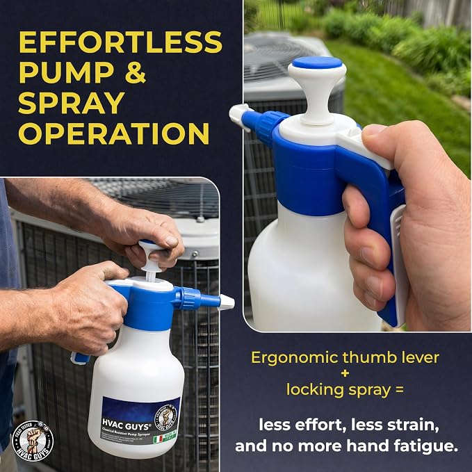 HVAC Guys Coil Cleaner Pump Sprayer | Handheld Chemical Pump Sprayer with 360° Spray Angle | Adjustable Nozzle, EPDM Seals | 48 oz Capacity