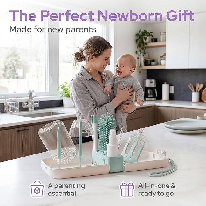 Lalalark Bottle Brush Kit, 7-in-1 Foldable Baby Bottle Drying Rack & Cleaning Set for Home and Travel, Perfect Essentials Gift for Mom After Birth, Cyan