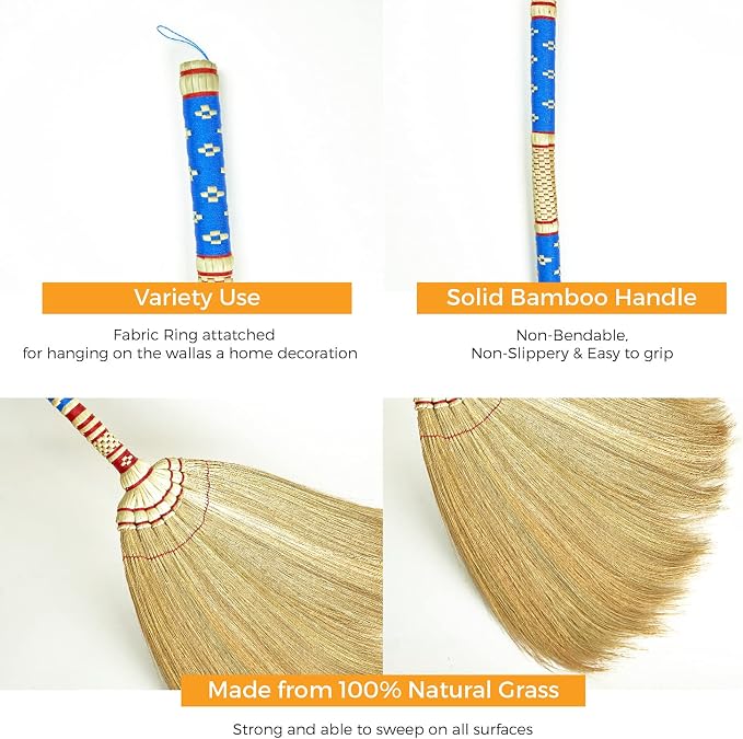 Asian Natural Grass Broom with Bamboo Stick Handle Handmade for Sweeping Hard Wood, Tile, Cement Floor (Thai Pattern 2, Blue 1)