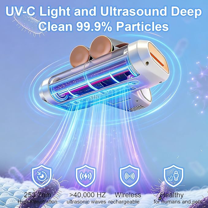 Cordless Mattress Vacuum Cleaner with UV-C Light - Advanced Dust Removal & Deep Cleaning Technology for Beds, Sofas, Carpets, Pet Hair and Household Dust, Handheld sofa Vacuum Cleaner for Home Use