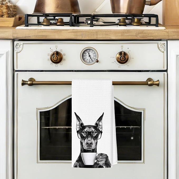 Funny Doberman Kitchen Towels, Dog Kitchen Accessories, Dog Chef Gifts for Women Decorative Hand Towels for Kitchen Decor, Coffee Lovers Gifts Dish Tea Towel, 16x24 Inch