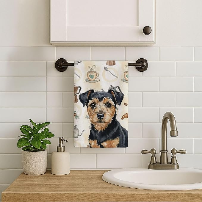 Caroline's Treasures Black and Tan Norfolk Terrier Coffee Bar Kitchen Towel Velour Plush Front and Cotton Loop Back Machine Washable