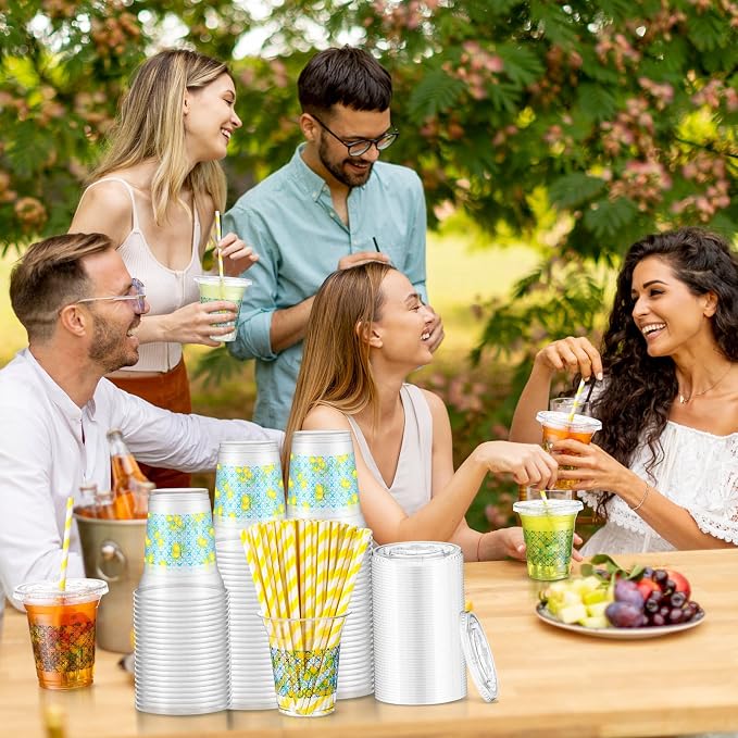 Umigy 100 Pack Plastic Disposable Cups with Lids and Straws 12 oz Disposable Cups for Juice Water Coffee Summer Party Sports Party Supplies (Capri Lemon)