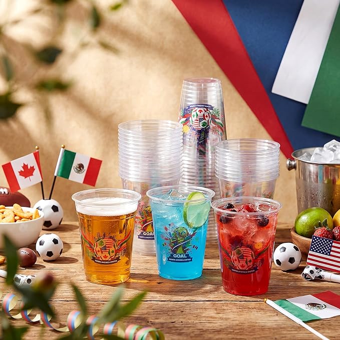 Jingmore 100 Pcs Soccer Plastic Cups 12 oz International Countries Soccer Disposable Plastic Cups Thick Clear Drinkware for Sports Games Party Supplies (Goal Trophy)