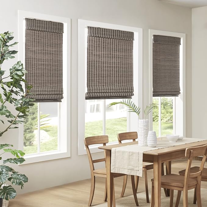 Madison Park Eastfield 100% Bamboo Cordless Roman Shades-Woven Wooden Privacy Panel, Light Filtering Easy Installation Window Blind Treatment, Bedroom, Living Room Decor, 29" W x 64" L, Grey Ash