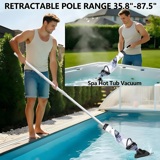 Cordless Above Ground Pool Vacuum, 19 GPM Handheld Spa Hot Tub Vacuum Cleaner with 60" Extendable Pole, 60 Min Running Time, Ideal for Cleaning Debris and Sand Underwater