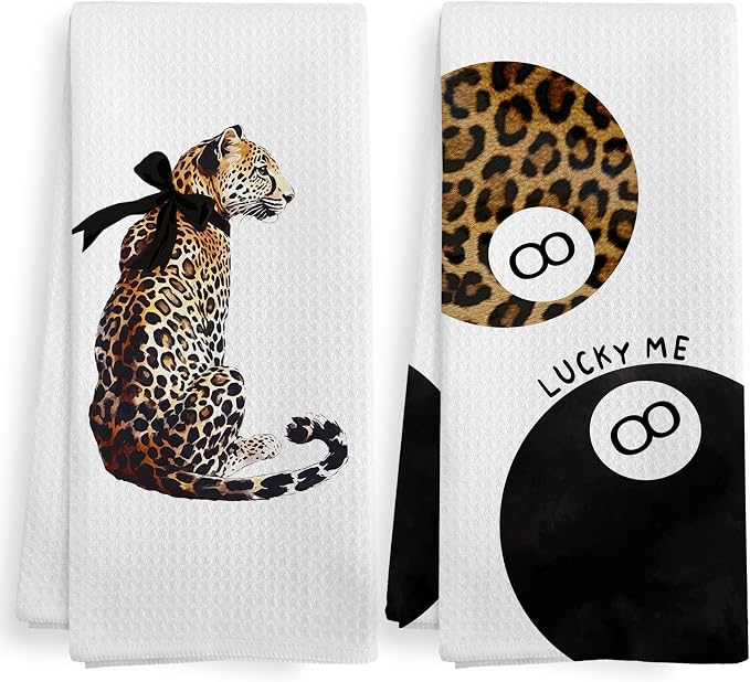 Trendy Leopard Cheetah Print Lucky 8 Ball Bathroom Decor, Preppy Brown Leopard Bow Decor Dish Hand Tea Towels for Bathroom Kitchen Sets of 2, Cheetah Kitchen Towels and Dishcloths, 16x24 Inch