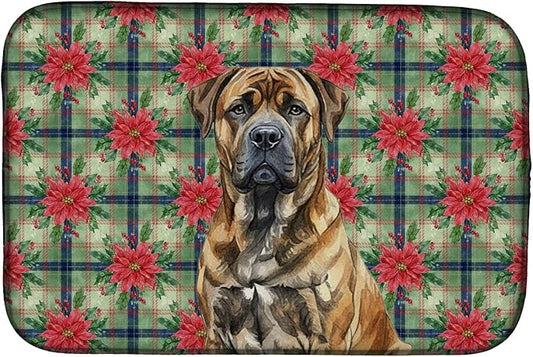 Caroline's Treasures Brindle Boerboel Christmas PoinsettIas Dish Drying Mat Absorbent Dish Drying Mat Pad for Kitchen Counter Dish Drainer Mat for Countertop, 14 x 21", Multicolor