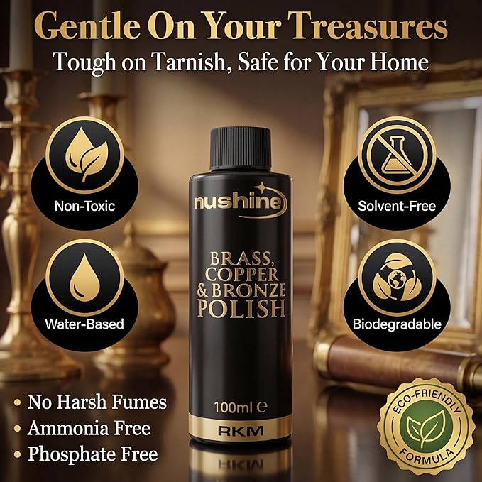 Nushine Brass, Copper & Bronze Polish 3.4 Oz - Ecofriendly, Solvent Free & Contains Anti Tarnish Agent to delay Future Tarnish