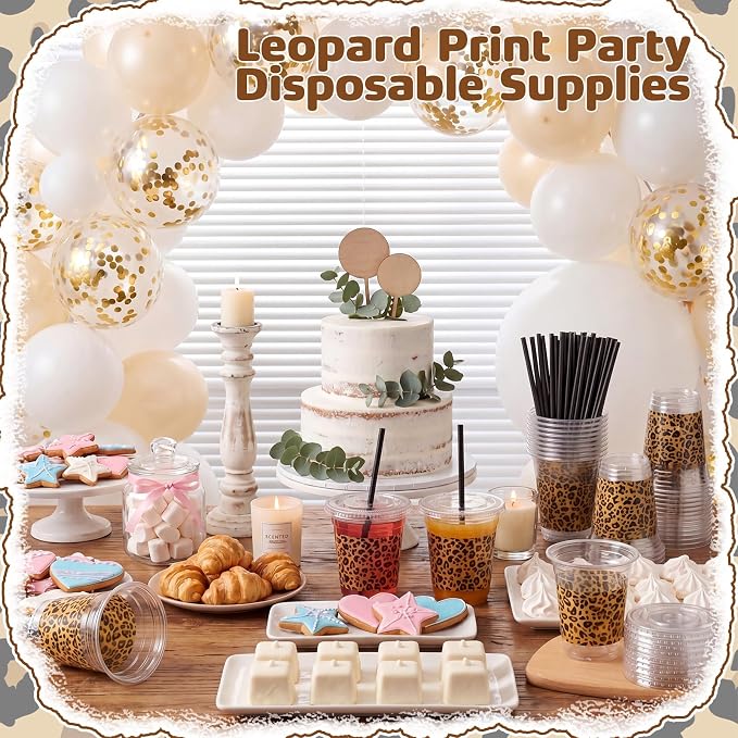 Domensi 25 Sets Leopard Print Plastic Cups with Lids and Paper Straws 12oz Cheetah Animal Disposable Drinking Cups Bulk for Cold Drinks Baby Shower Wedding Jungle Leopard Theme Birthday Party Supplies
