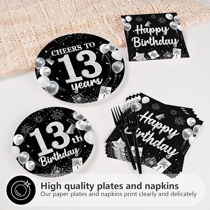 96Pcs 13th Black and Silver Birthday Party Supplies Cheers to 13 Years Plates and Napkins Disposable Happy 13th Birthday Tableware Set for 13 Years Old Graduation Party Serves 24