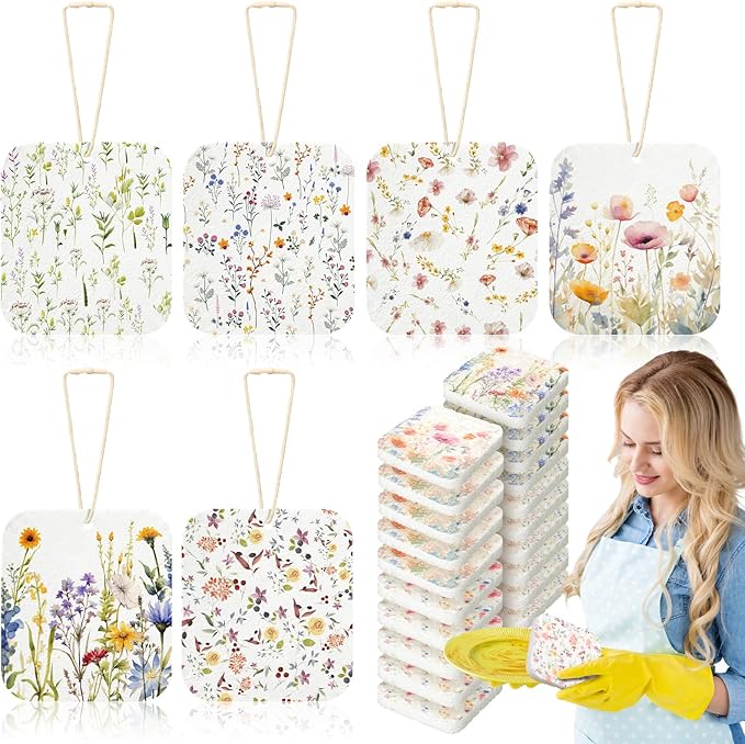 Hahafelt 36 Counts Compressed Cellulose Sponges Bulk Cute Wildflower Pop up Sponges Natural Compostable Non Scratch Dish Kitchen Gifts for Washing Dishes, Travel Cleaning Countertop Sink