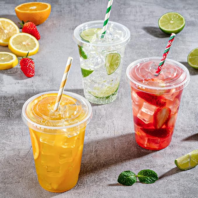 FOCUSLINE 200 PACK 16oz Clear Plastic Cups with Lids, Disposable Cold Drinking Cups, 16 Ounce Large Clear Cup with Flat Lids with Holes for Smoothie, Milkshake, Bubble Tea, Parfait