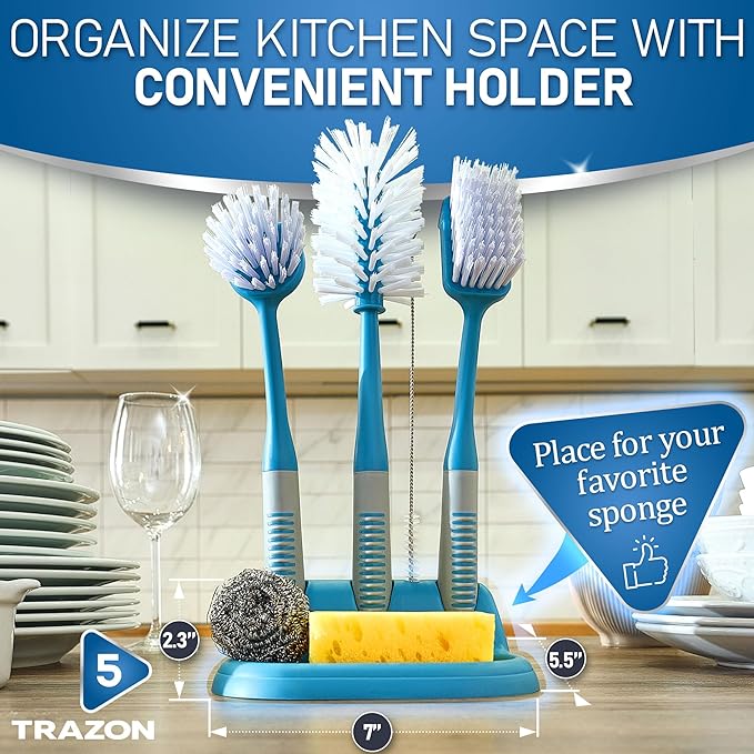 Dish Brush Set of 5 with Convenient Holder, Kitchen Scrub Brushes Non Slip Long Handle for Sink Dishes Cup Pot + Trazon 3-Piece Scrub Brush Set - Blue