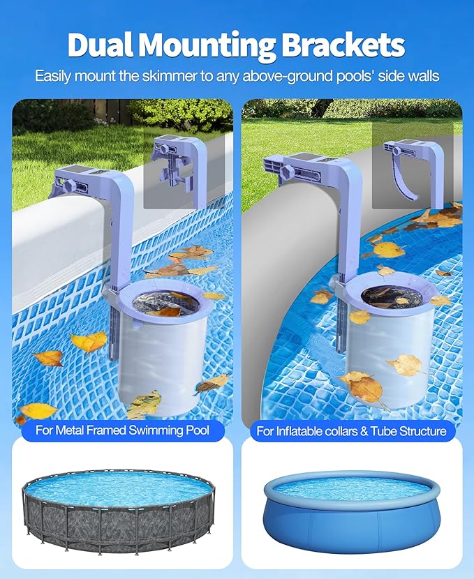 DeeprClean Newly Above Ground Pool Skimmer with Solar Digital Thermometer, Wall Mount Surface Skimmer with Adjustable Height Bracket, Auto Skimming for Pool Surface Floating Leaves & Debris-Lavender