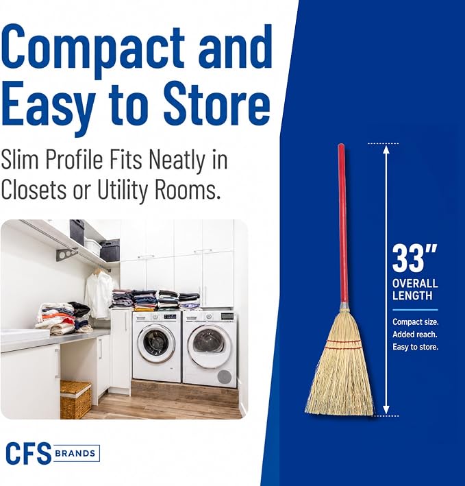 Flo-Pac Compact Corn Fiber Utility Broom with Wire-Wrapped Bristles and Red Handle, 33 Inches, Red (Pack of 3)