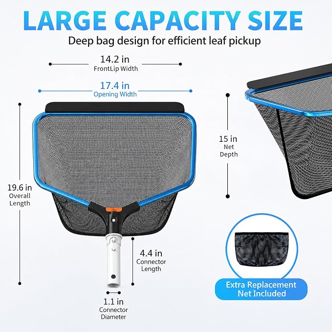 YASHINE Pool Skimmer with 2 Nets, Reinforced Aluminum Frame, Heavy Duty Deep Leaf Rake with Replaceable Net Bag, Deep Trash Bag, Pool Cleaning Net Fits Standard Pool Poles(No Pole)