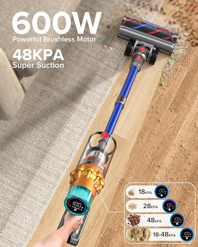 REBANIC S8 Cordless Vacuum Cleaner, 600W 48Kpa Up to 65mins Stick Vacuum Rechargeable, Wireless Lightweight Handheld Vacuum Cleaners for Home Pet Hair Carpet Hardwood Floor Car